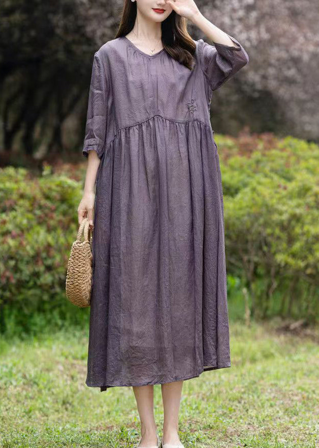 Purple Patchwork Linen Dress V Neck Embroideried Wrinkled Summer
