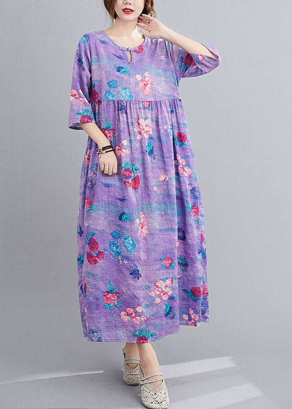 Purple Patchwork Linen Long Dress Wrinkled Half Sleeve