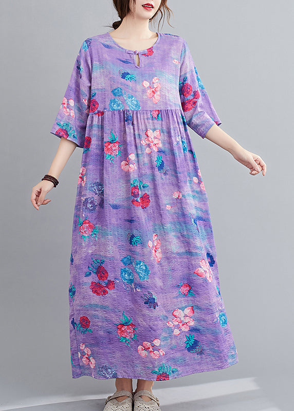 Purple Patchwork Linen Long Dress Wrinkled Half Sleeve