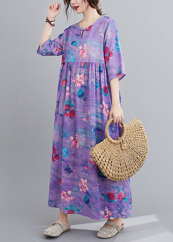 Purple Patchwork Linen Long Dress Wrinkled Half Sleeve