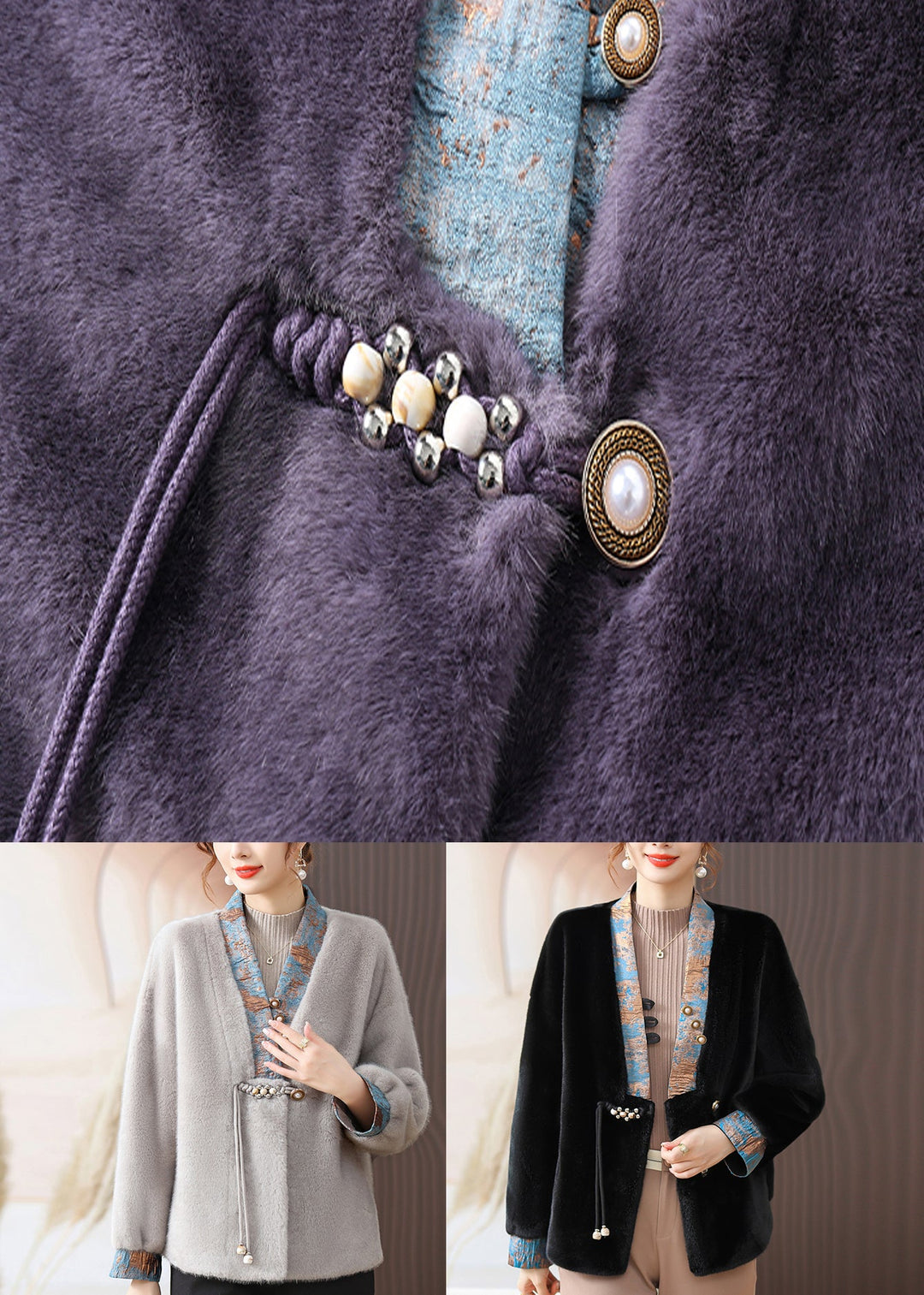 Purple Patchwork Mink Hair Coats V Neck Tasseled Button Fall
