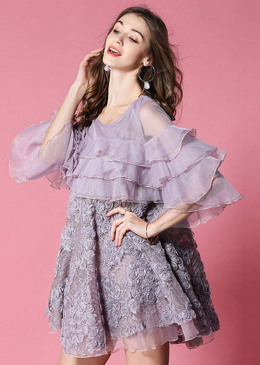 Purple Patchwork Tulle Mid Dress Ruffled Hollow Out Half Sleeve