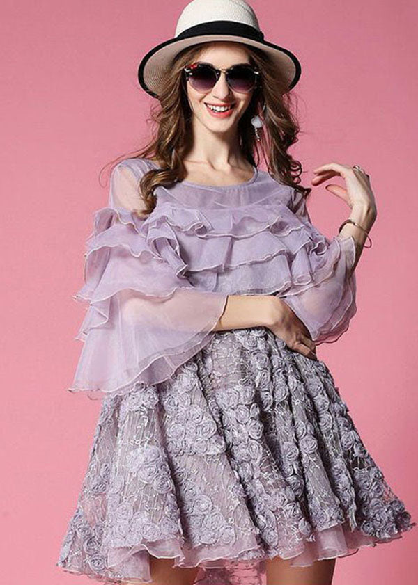 Purple Patchwork Tulle Mid Dress Ruffled Hollow Out Half Sleeve