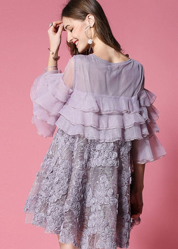 Purple Patchwork Tulle Mid Dress Ruffled Hollow Out Half Sleeve