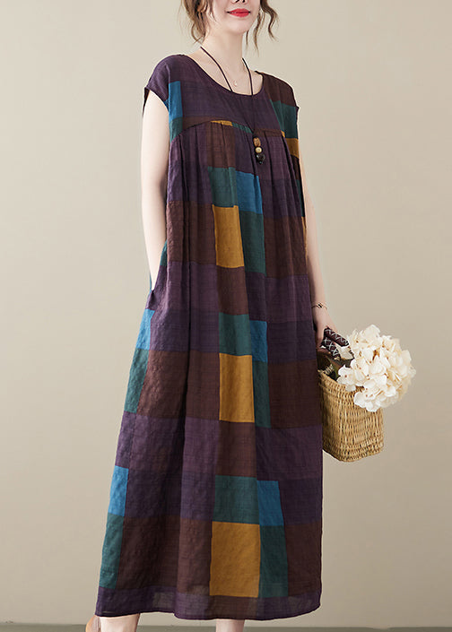 Purple Plaid Patchwork Linen Ankle Dress wrinkled Short Sleeve - Omychic