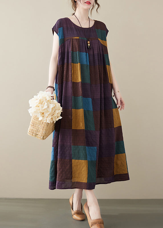 Purple Plaid Patchwork Linen Ankle Dress wrinkled Short Sleeve - Omychic