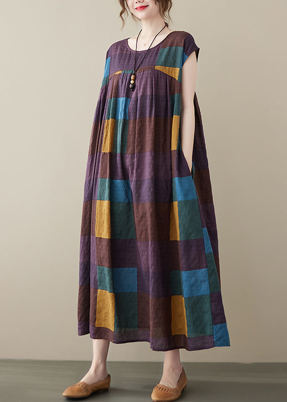 Purple Plaid Patchwork Linen Ankle Dress wrinkled Short Sleeve - Omychic