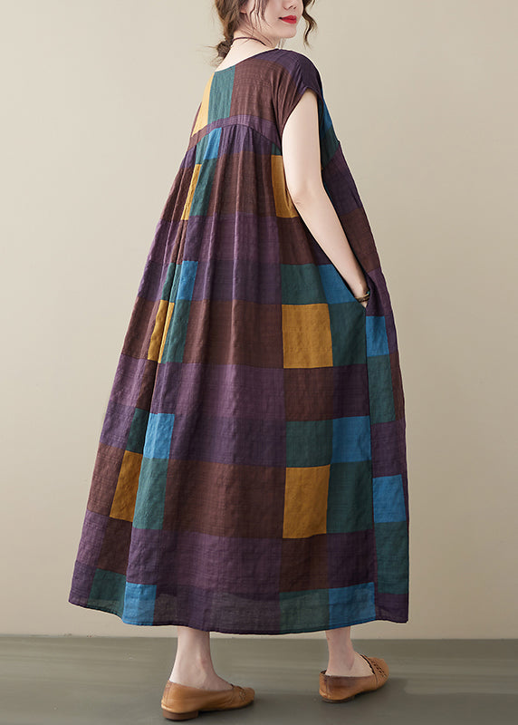 Purple Plaid Patchwork Linen Ankle Dress wrinkled Short Sleeve - Omychic