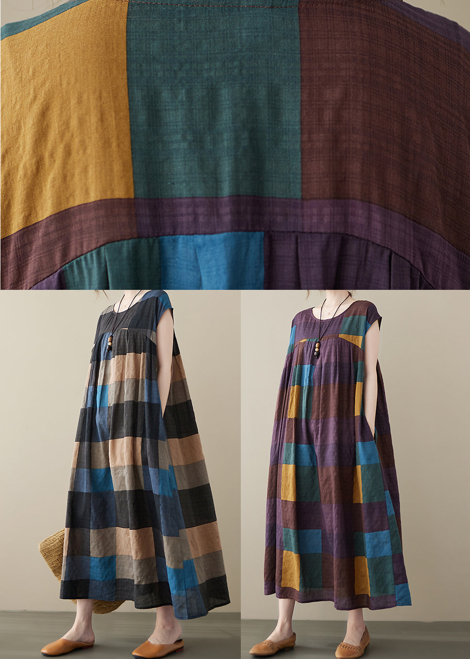 Purple Plaid Patchwork Linen Ankle Dress wrinkled Short Sleeve - Omychic