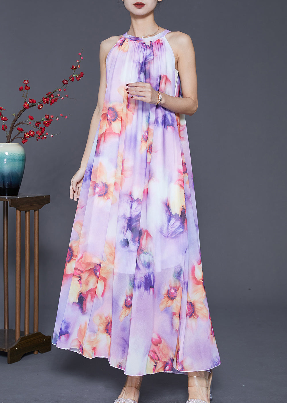 Purple Print Chiffon Beach Dresses Cold Shoulder Summer