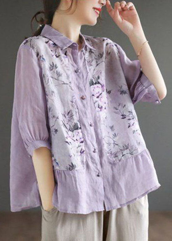 Purple Print Linen Blouse Top Peter Pan Collar Summer