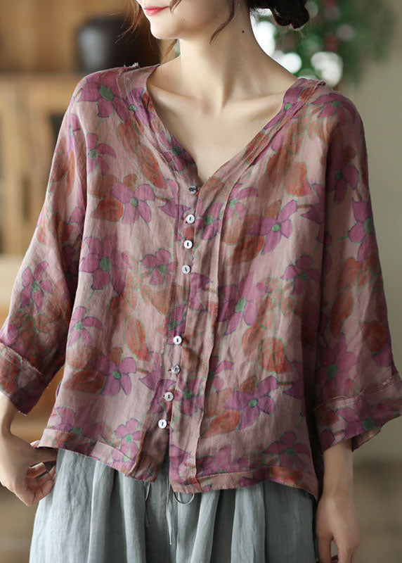 Purple Print Summer V Neck Button Linen Shirt Tops