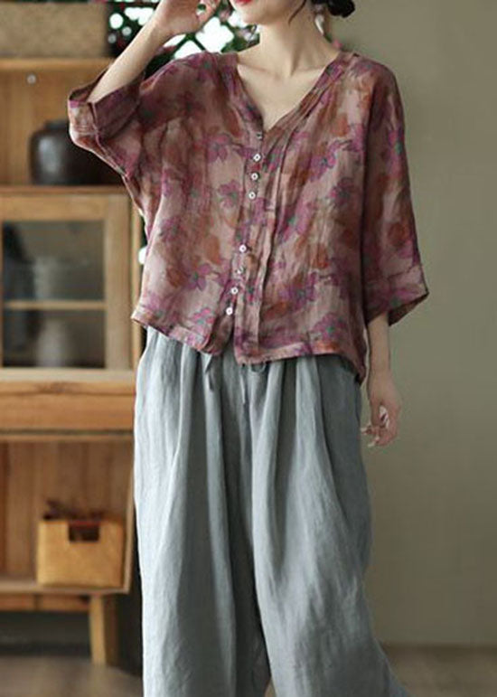 Purple Print Summer V Neck Button Linen Shirt Tops