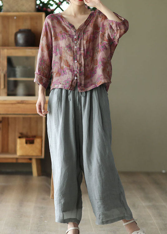 Simple Blue V Neck Button Patchwork Linen T Shirt Summer main image 0