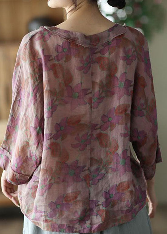 Purple Print Summer V Neck Button Linen Shirt Tops