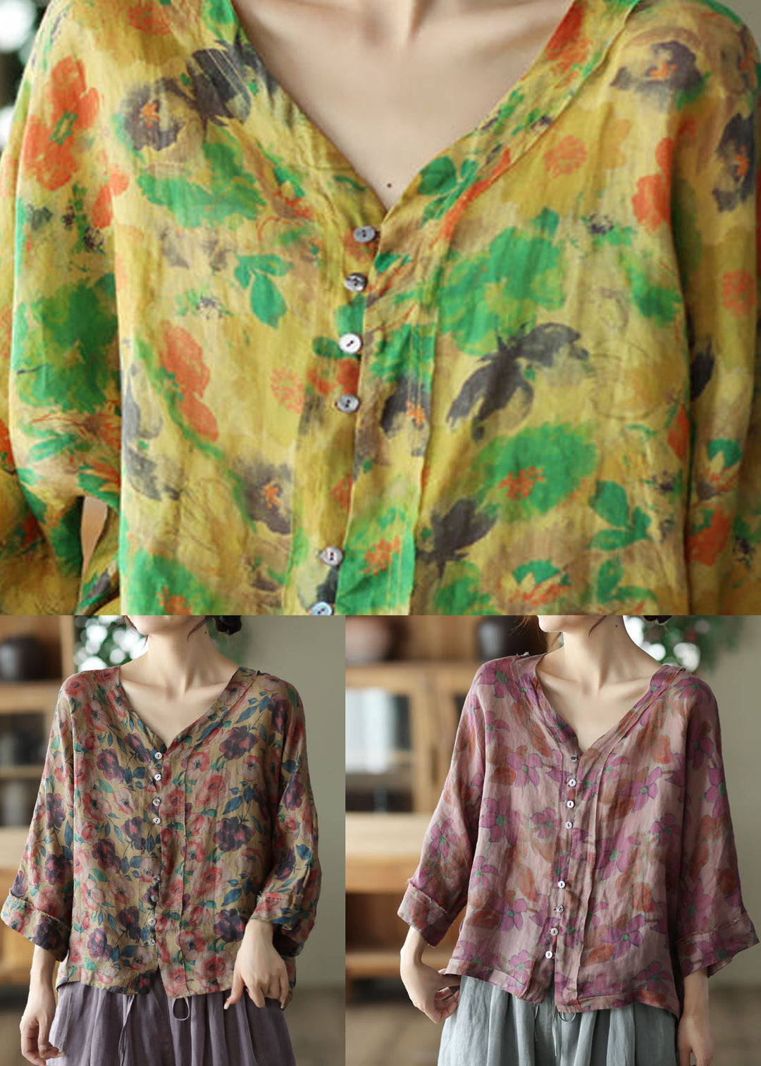 Purple Print Summer V Neck Button Linen Shirt Tops