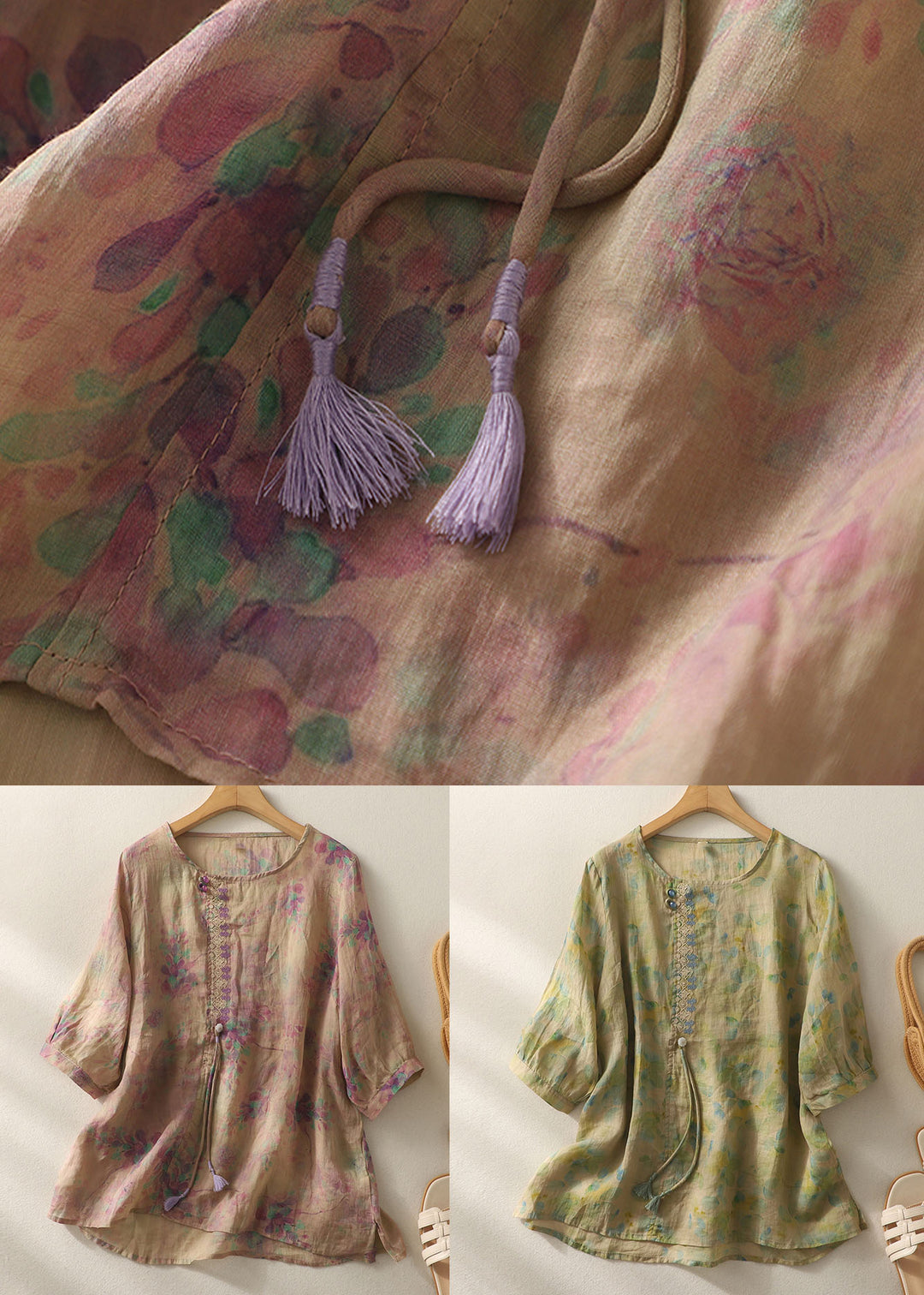 Purple Print Patchwork Cotton T Shirt Tops Tasseled O-Neck Summer