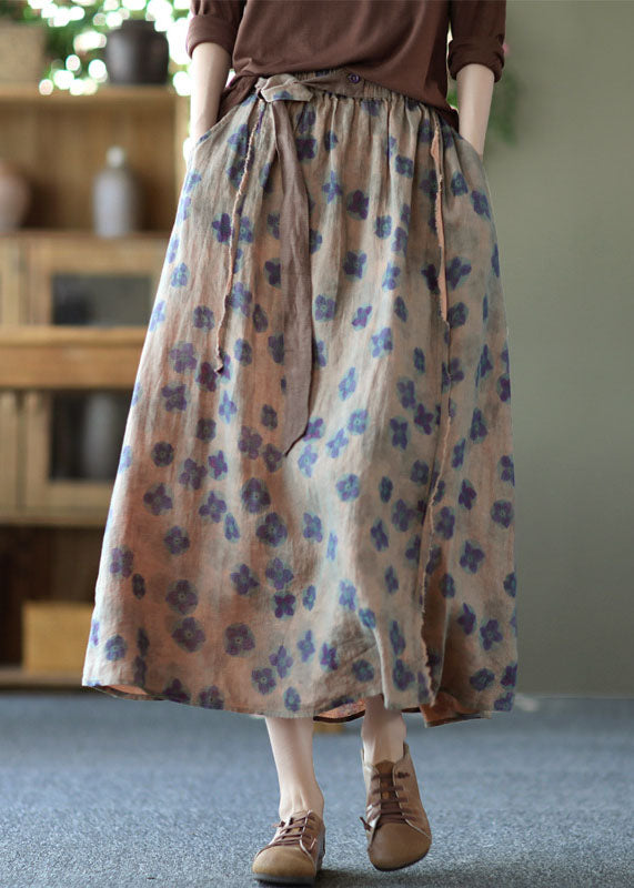 Purple Print Pockets Patchwork Linen Skirts Wrinkled Elastic Waist Summer - Omychic