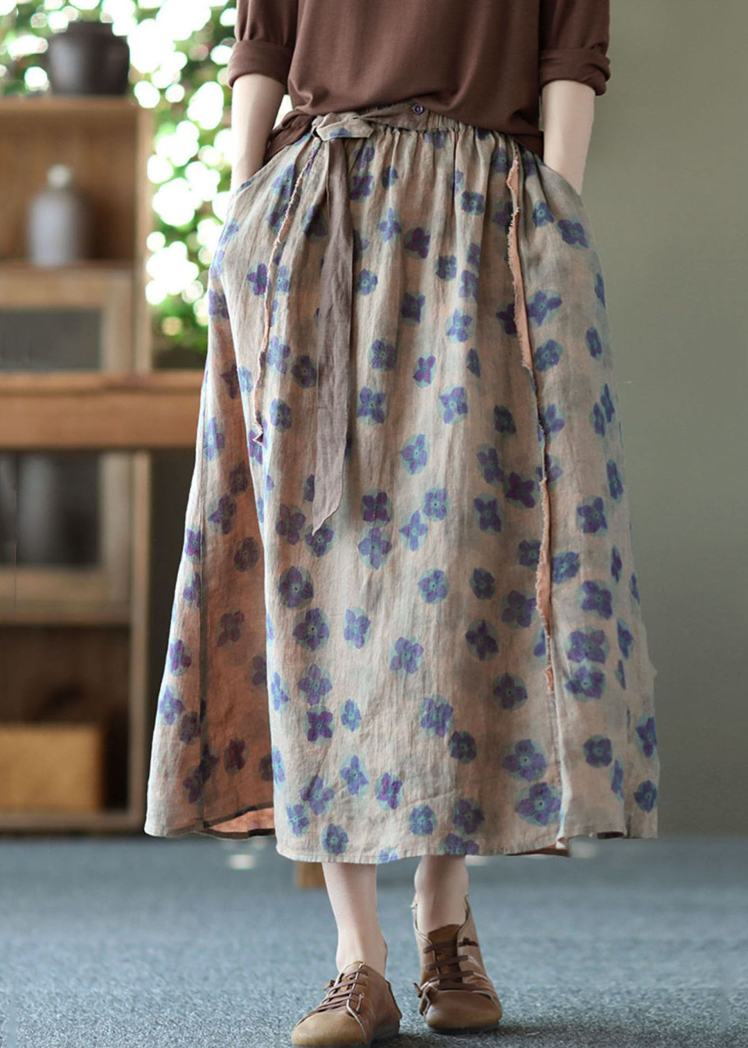 Purple Print Pockets Patchwork Linen Skirts Wrinkled Elastic Waist Summer - Omychic