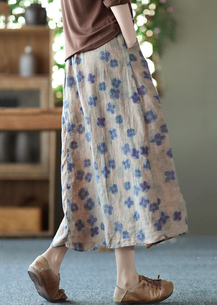 Purple Print Pockets Patchwork Linen Skirts Wrinkled Elastic Waist Summer - Omychic