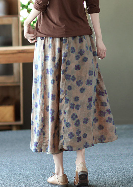 Purple Print Pockets Patchwork Linen Skirts Wrinkled Elastic Waist Summer
