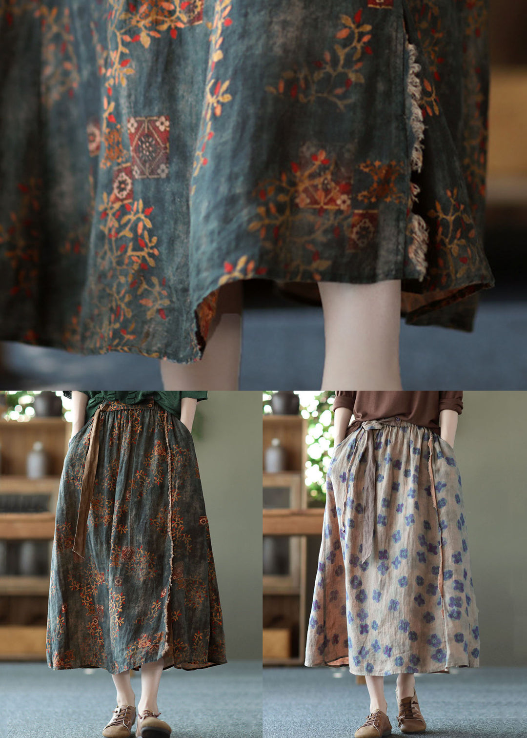 Purple Print Pockets Patchwork Linen Skirts Wrinkled Elastic Waist Summer - Omychic