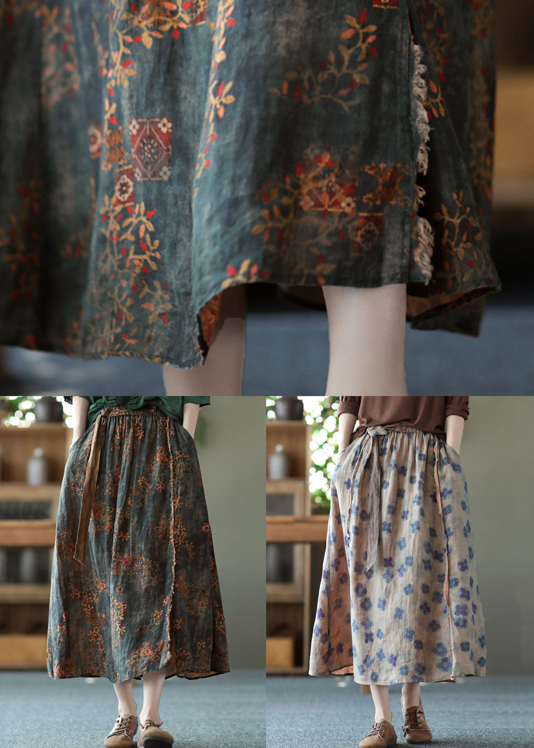 Purple Print Pockets Patchwork Linen Skirts Wrinkled Elastic Waist Summer