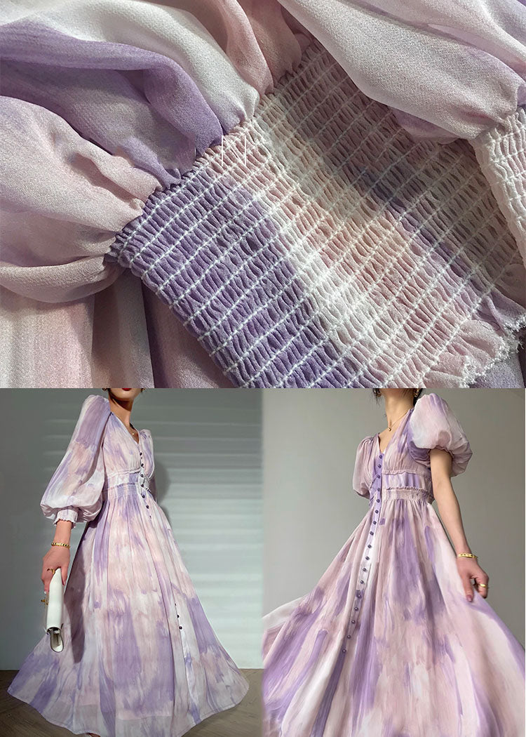Purple Print Silk Holiday Cinch Dress V Neck Exra Large Hem Short Sleeve