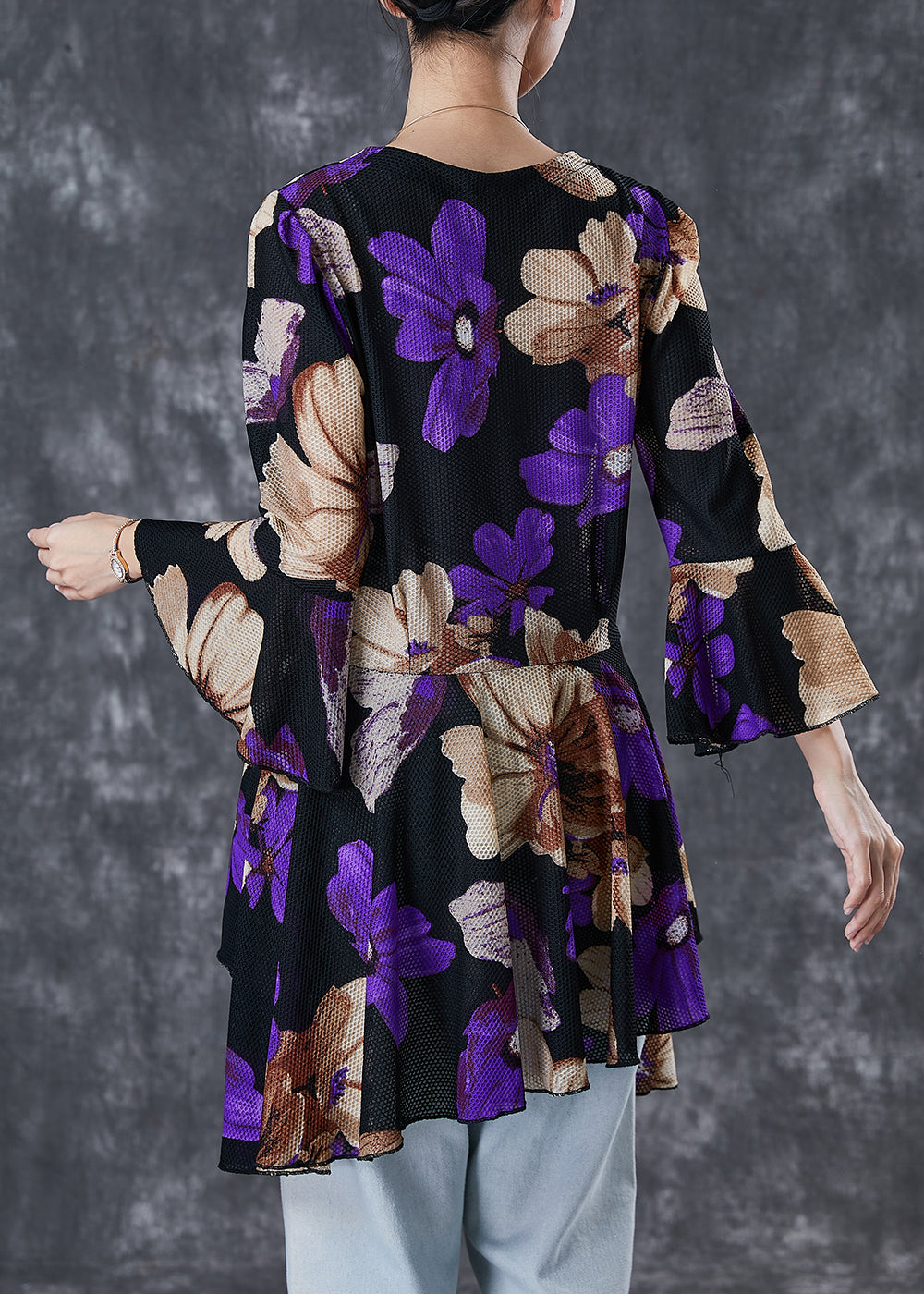 Purple Print Tulle Blouse Tops Exra Large Hem Flare Sleeve