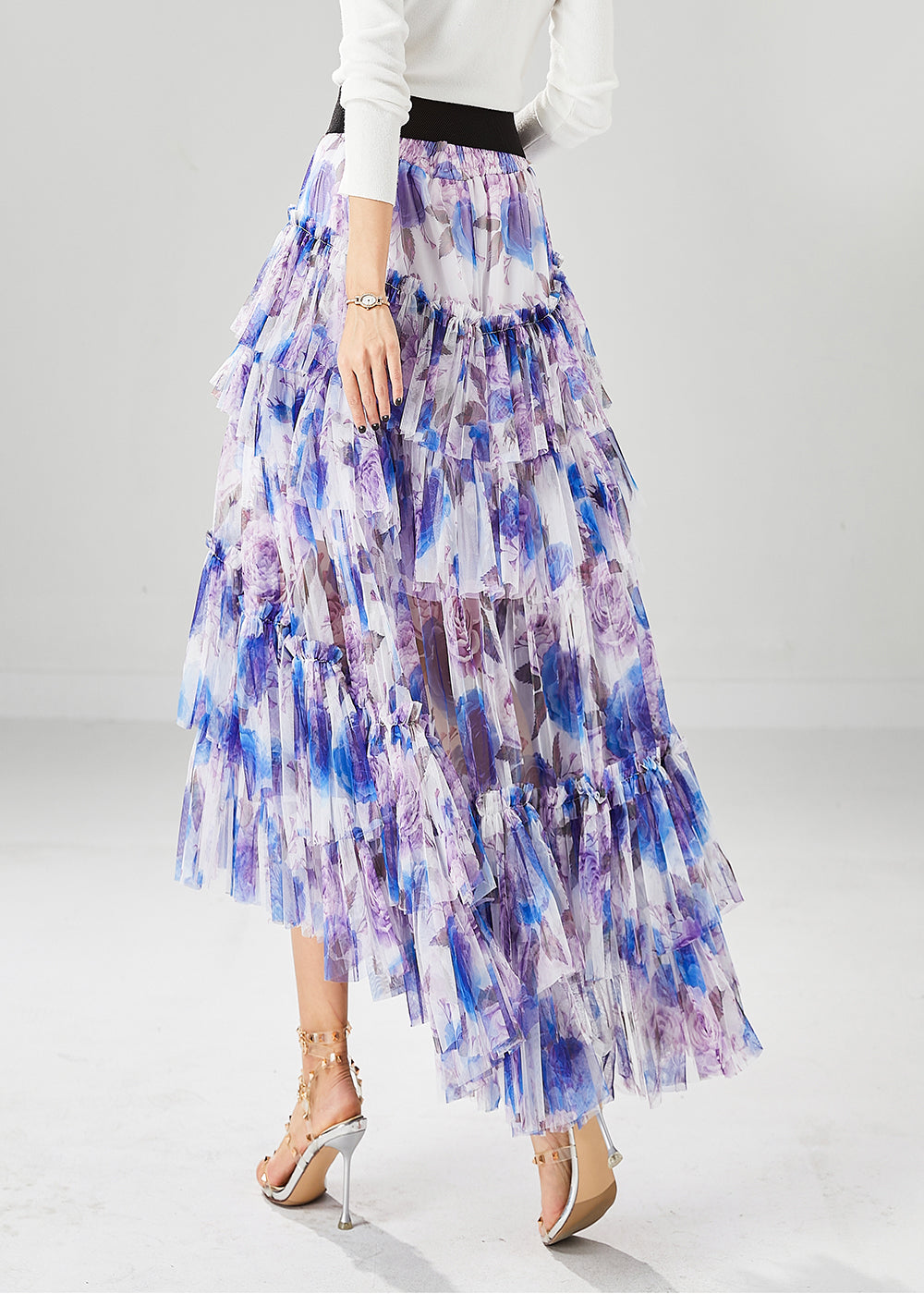 Purple Print Tulle Skirt Asymmetrical Exra Large Hem Fall