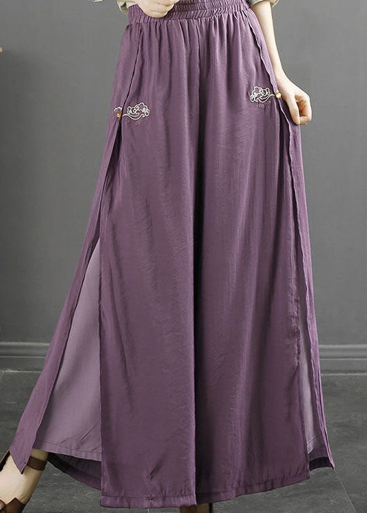 Purple Side Open Patchwork Cotton Pants Embroideried Summer