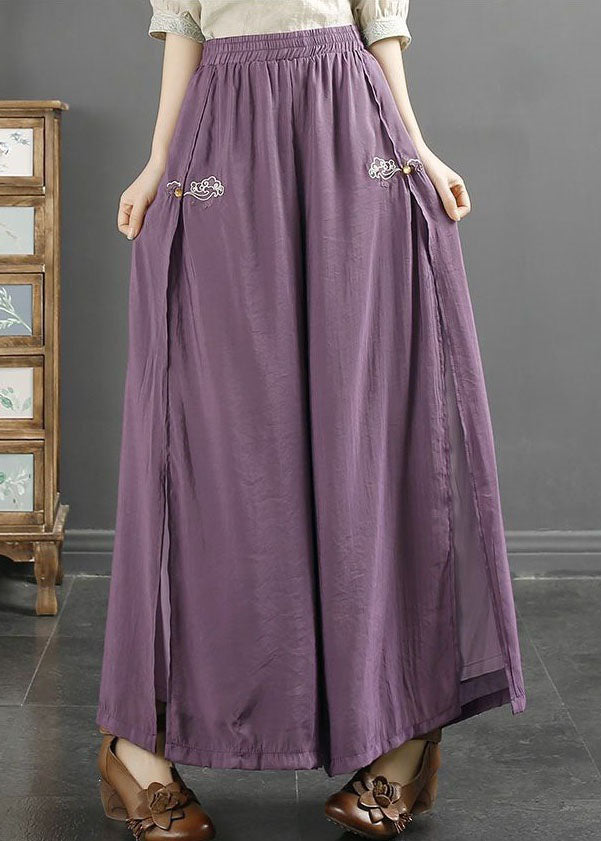 Purple Side Open Patchwork Cotton Pants Embroideried Summer