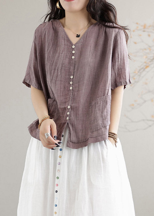 Purple V Neck Pockets Linen Shirts Short Sleeve