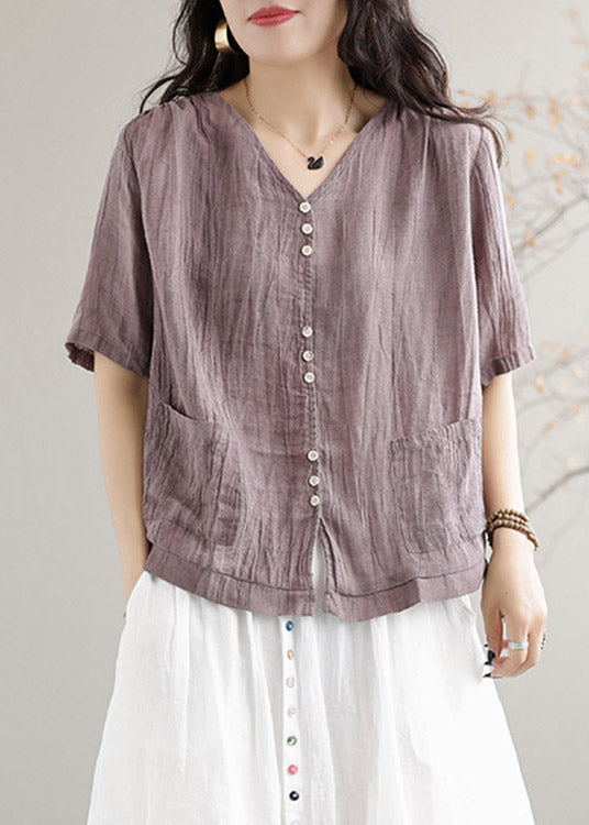 Purple V Neck Pockets Linen Shirts Short Sleeve