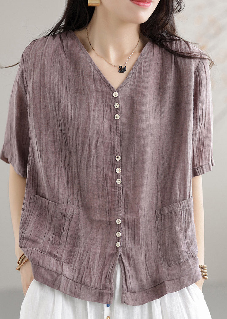 Purple V Neck Pockets Linen Shirts Short Sleeve