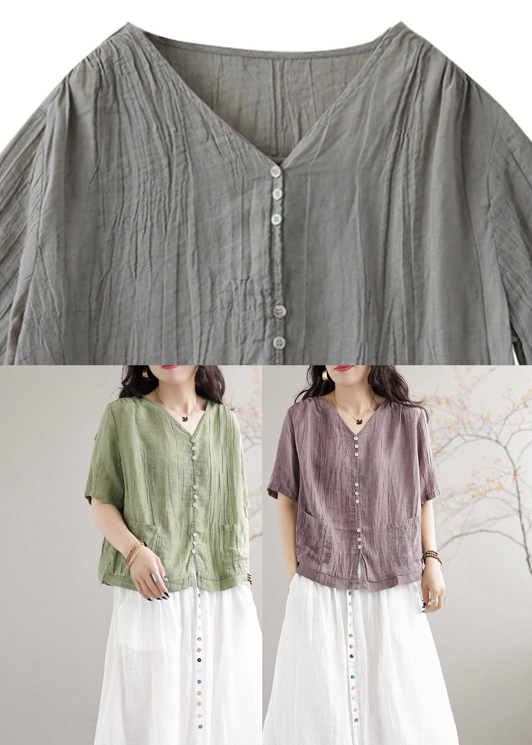 Purple V Neck Pockets Linen Shirts Short Sleeve