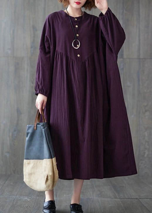Purple Wrinkled Cotton Casual Dresses Long Sleeve