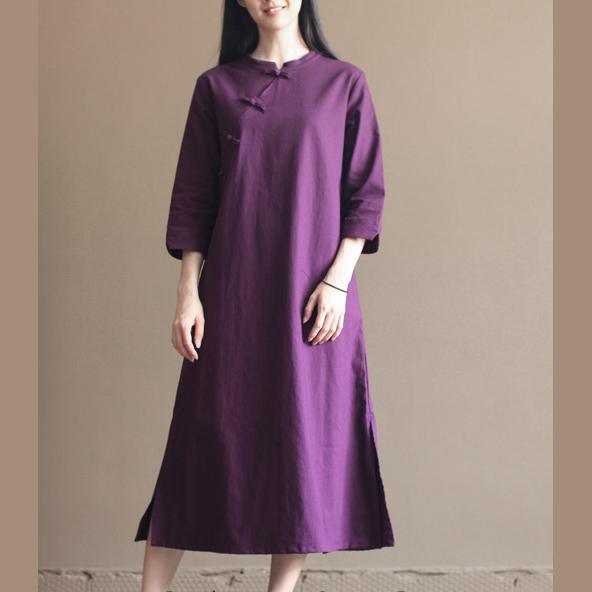 Purple cotton dresses bracelet sleeve linen dress plus size - Omychic