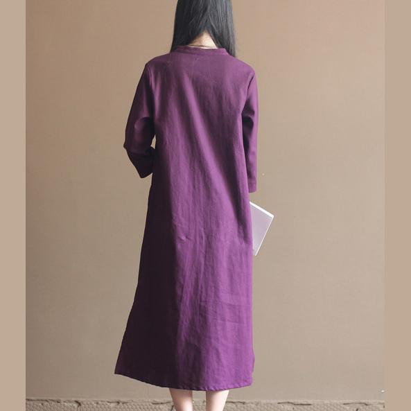 Purple cotton dresses bracelet sleeve linen dress plus size - Omychic