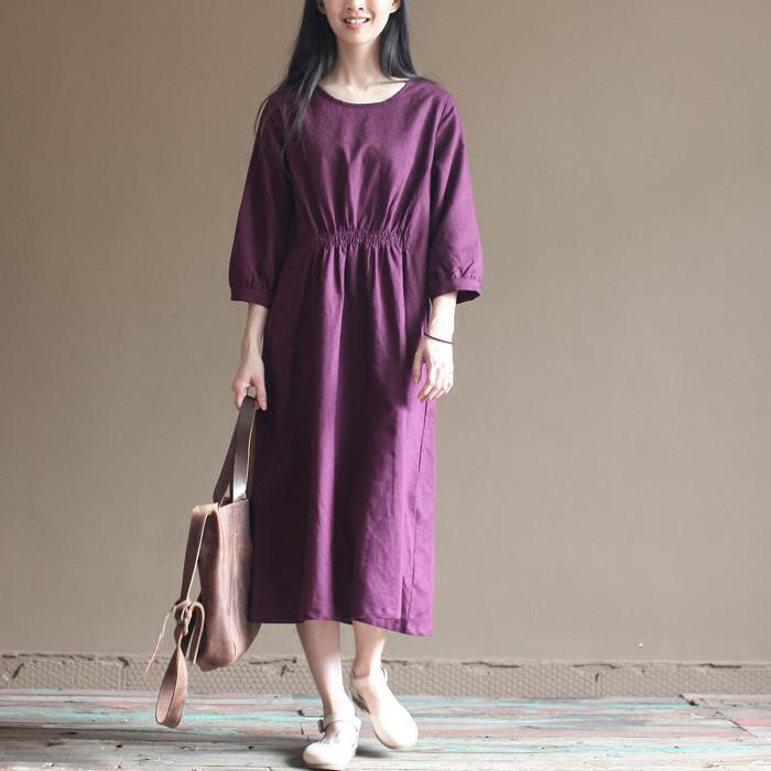 Purple elastic waist tunic cotton dresses oversize caftans - Omychic