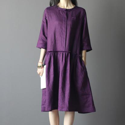 Purple half sleeve maxi dress linen sundress oversize summer shift dress - Omychic