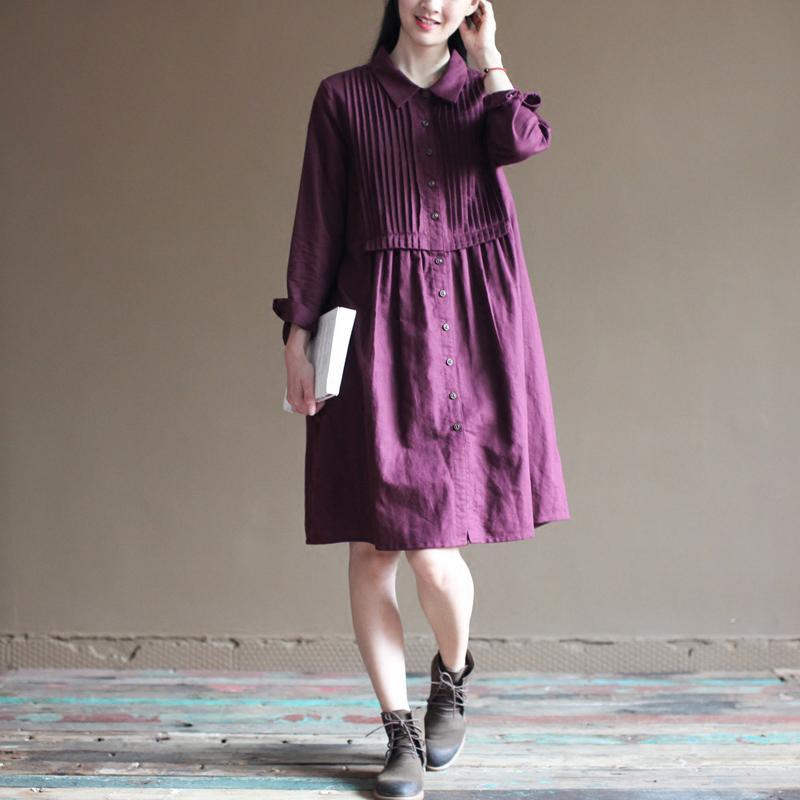 Purple linen dresses long sleeve cotton dress vintage style - Omychic