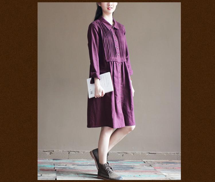 Purple linen dresses long sleeve cotton dress vintage style - Omychic