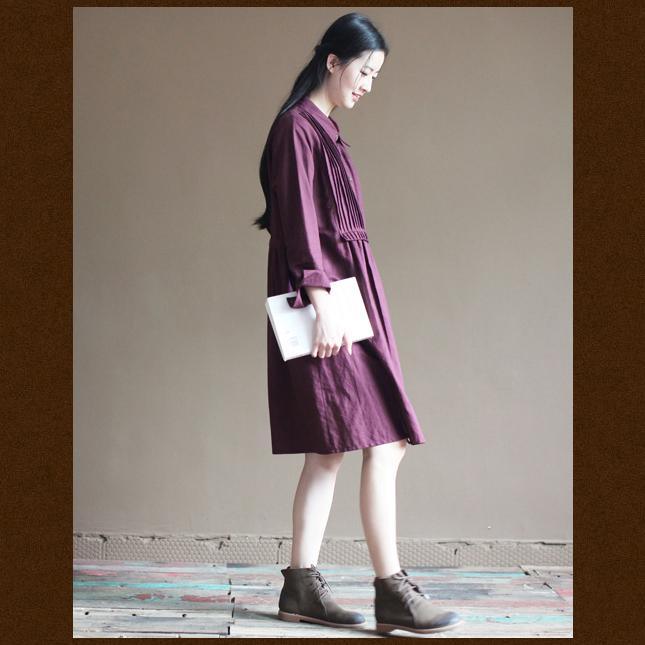 Purple linen dresses long sleeve cotton dress vintage style - Omychic