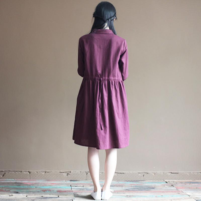 Purple linen dresses long sleeve cotton dress vintage style - Omychic