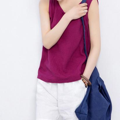 Purple linen tank top women breathy fabric blouse t shirt sleeveless - Omychic