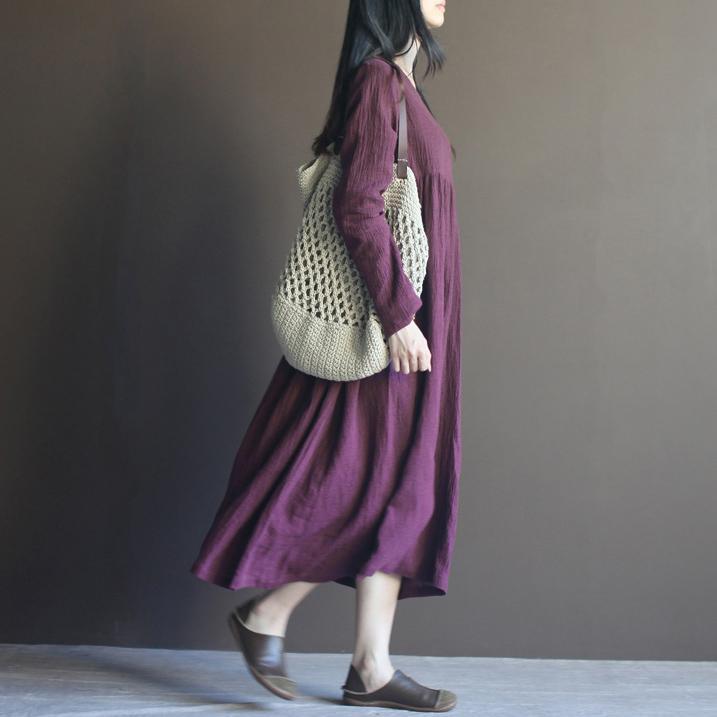 Purple long sleeve linen maxi dress sundresses plus size linen clothing - Omychic