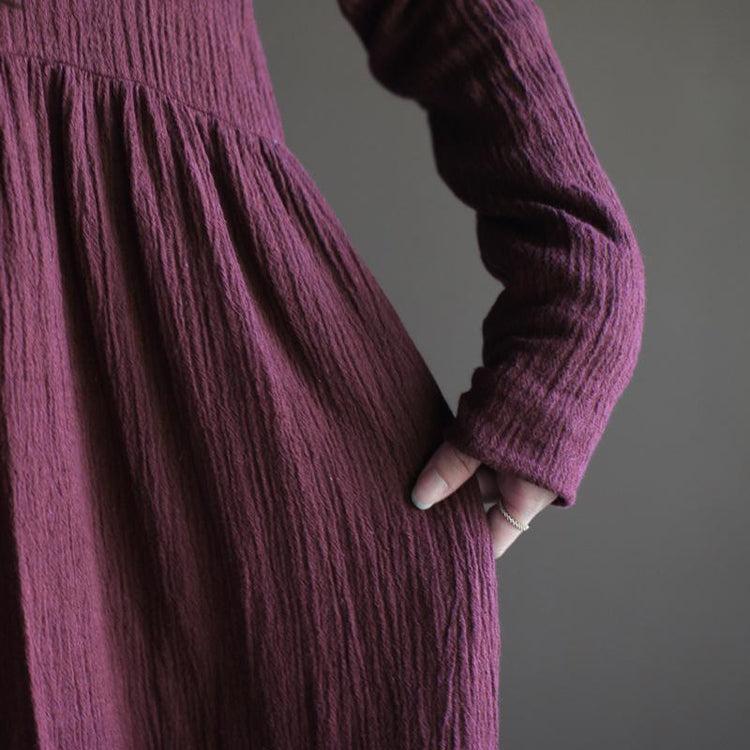 Purple long sleeve linen maxi dress sundresses plus size linen clothing - Omychic