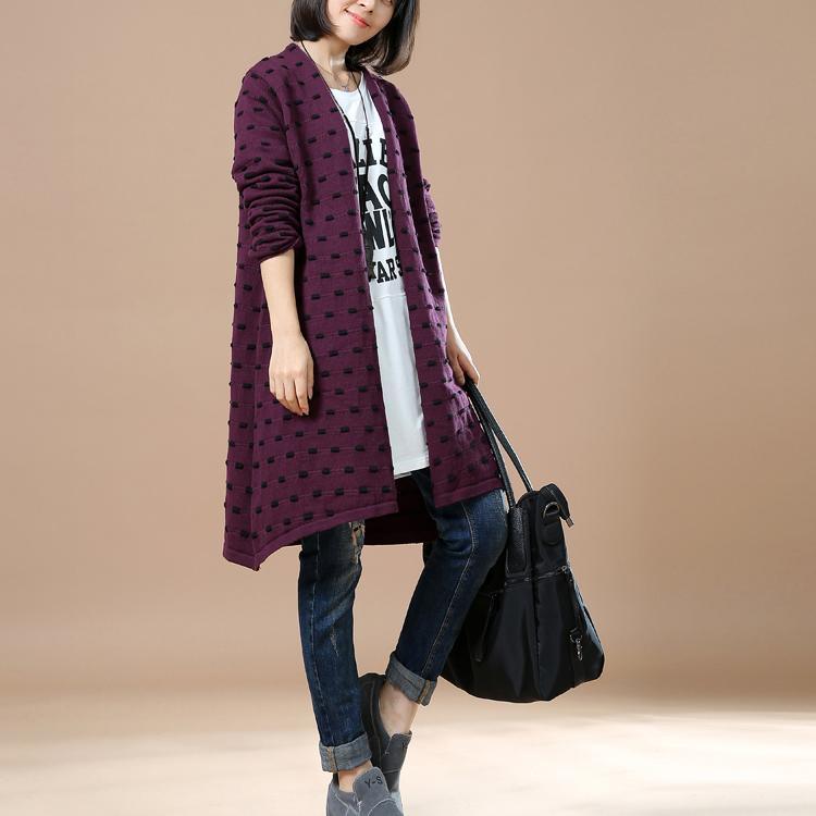 Purple long sweater cardigans dotted knitted outwear - Omychic