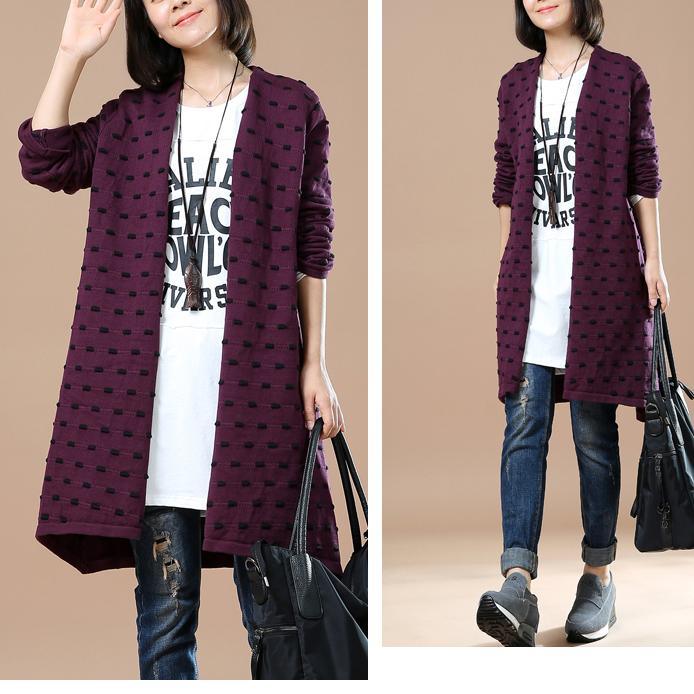 Purple long sweater cardigans dotted knitted outwear - Omychic